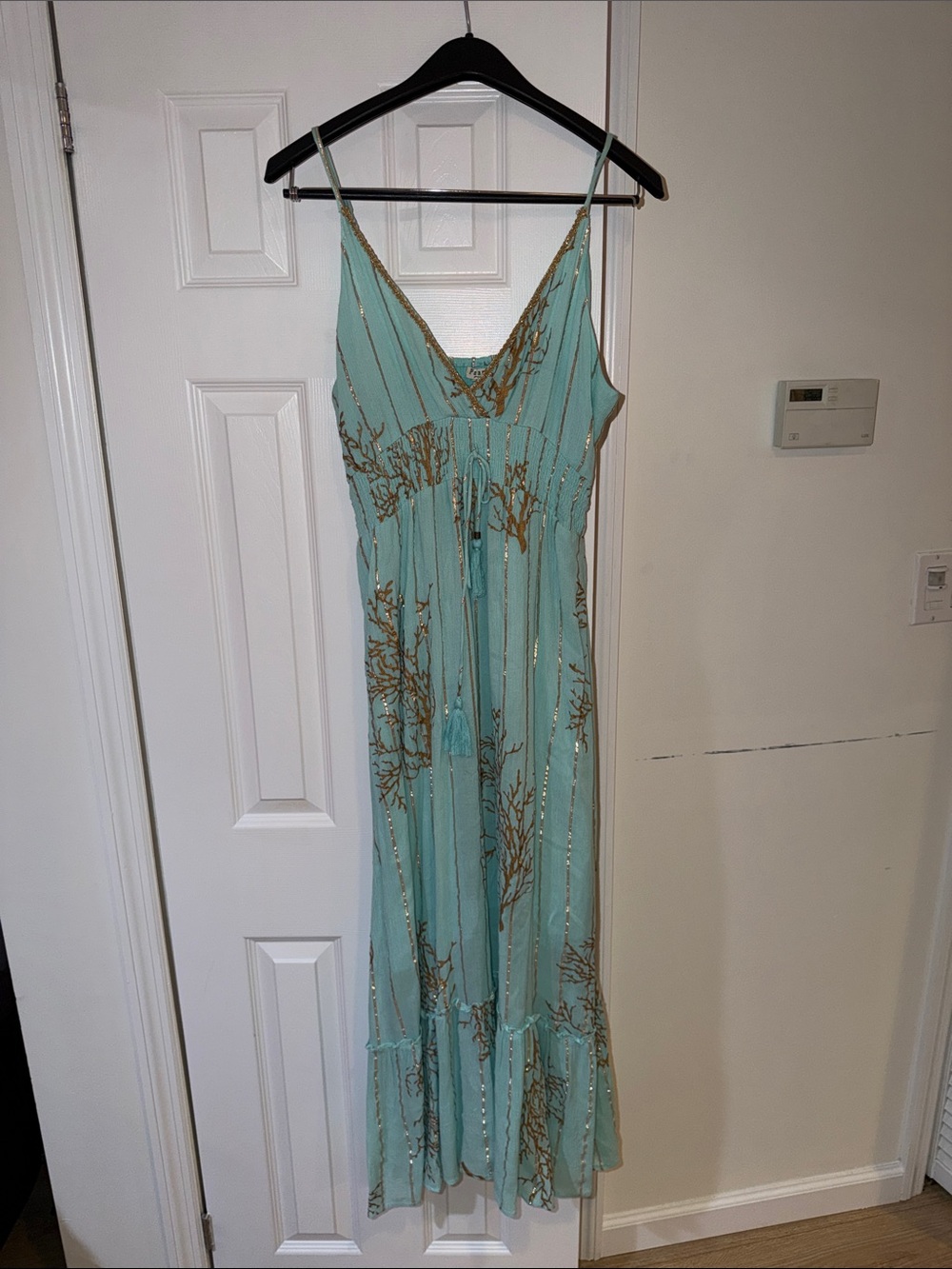 Aqua Maxi Dress with Gold Embroidery